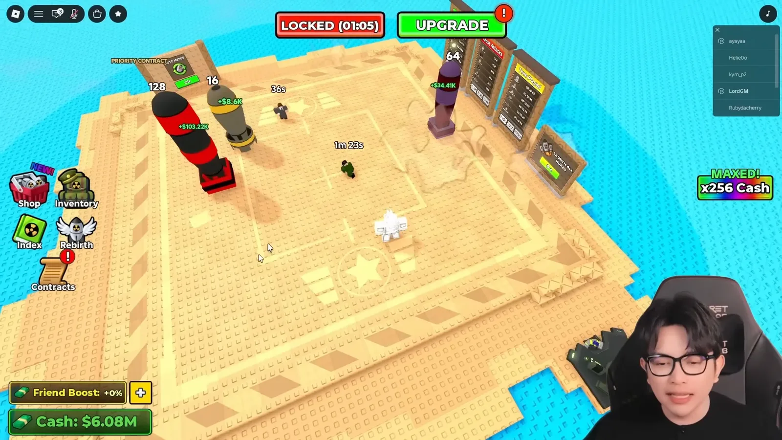 A Merge a Nuke plot wearing the Desert Stronghold base skin with sand-colored walls around the green merge field. A Merge a Nuke plot wearing the Desert Stronghold base skin with sand-colored walls around the green merge field.