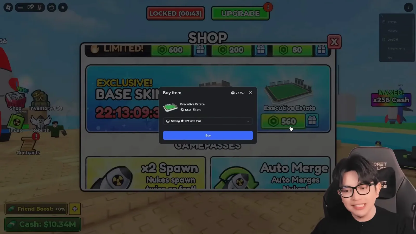 The Merge a Nuke buy dialog for Executive Estate showing 560 Robux, crossed out from 699 Robux with a Plus-member discount. The Merge a Nuke buy dialog for Executive Estate showing 560 Robux, crossed out from 699 Robux with a Plus-member discount.