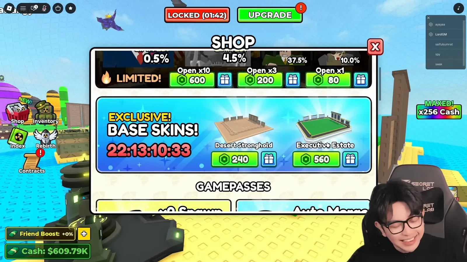The Merge a Nuke inventory Base Skins tab showing owned cosmetic skins beside the equipped default base. The Merge a Nuke inventory Base Skins tab showing owned cosmetic skins beside the equipped default base.