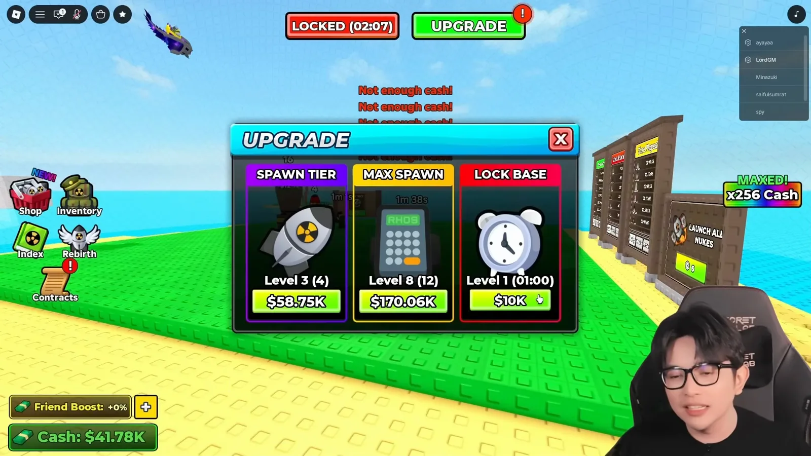 The Merge a Nuke shop Exclusive Base Skins tab listing Desert Stronghold for 240 Robux and Executive Estate for 560 Robux beside a gacha roll at 80, 200, and 600 Robux. The Merge a Nuke shop Exclusive Base Skins tab listing Desert Stronghold for 240 Robux and Executive Estate for 560 Robux beside a gacha roll at 80, 200, and 600 Robux.