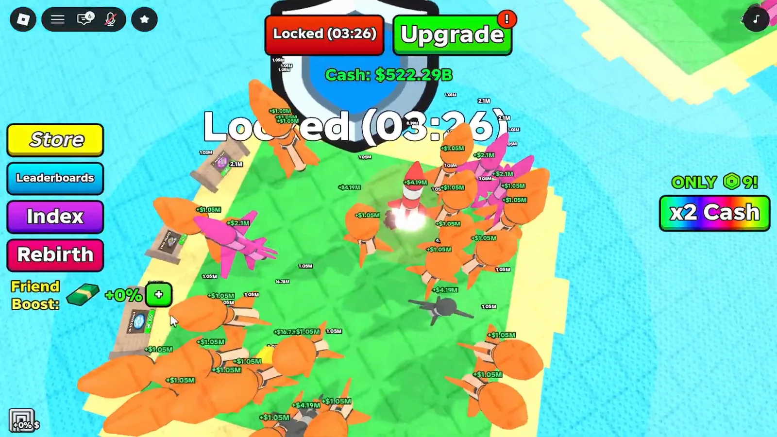 Jogador do Merge a Nuke arrastando dois nukes de banda média iguais no grid da base para mesclar em um nuke de banda superior que rende mais cash por segundo.