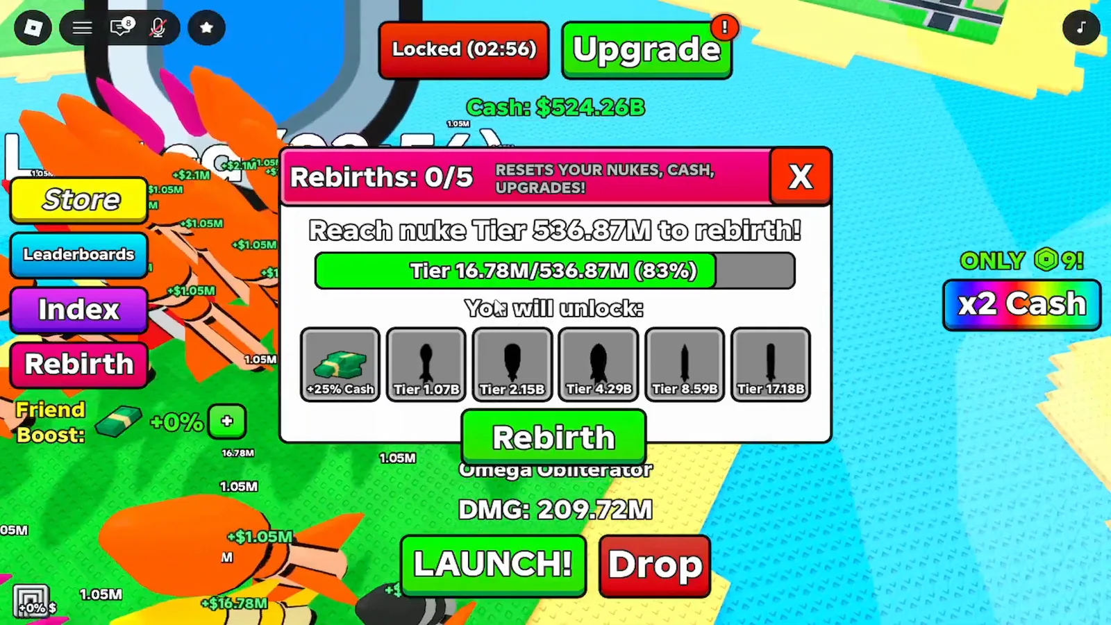 Menu de rebirth e gerenciamento da base do Merge a Nuke aberto ao lado do plot mostrando opções de progressão e controle de travar base no mesmo cluster do HUD.