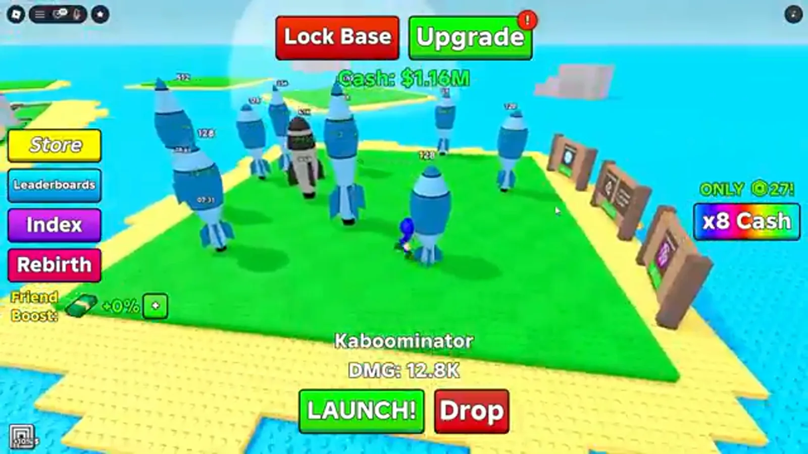 Uma base trancada de Merge a Nuke lotada de foguetes azuis de endgame gerando cash passivo enquanto o timer do escudo Lock Base corre.