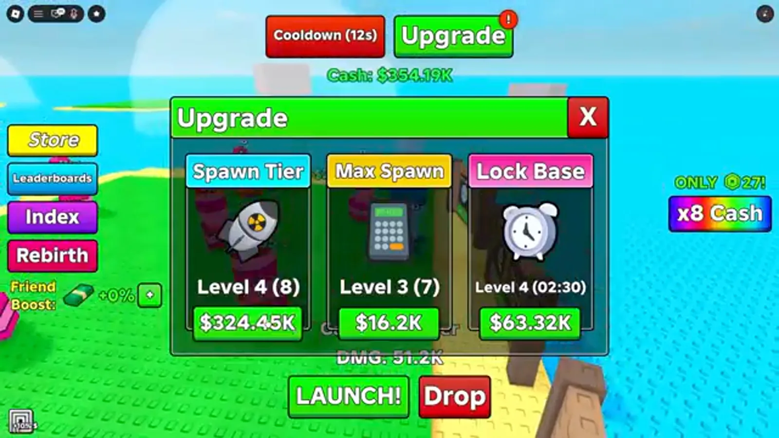 O menu Upgrade de Merge a Nuke com Spawn Tier no Nível 4 custando $324.45K ao lado das melhorias Max Spawn e Lock Base.
