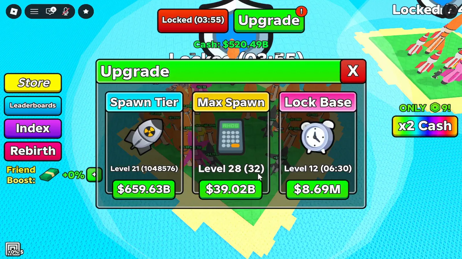 Popup de resgate bem-sucedido no Merge a Nuke mostrando cash ou nukes grátis concedidos aparecendo no plot do jogador após clicar em Resgatar no painel Loja.
