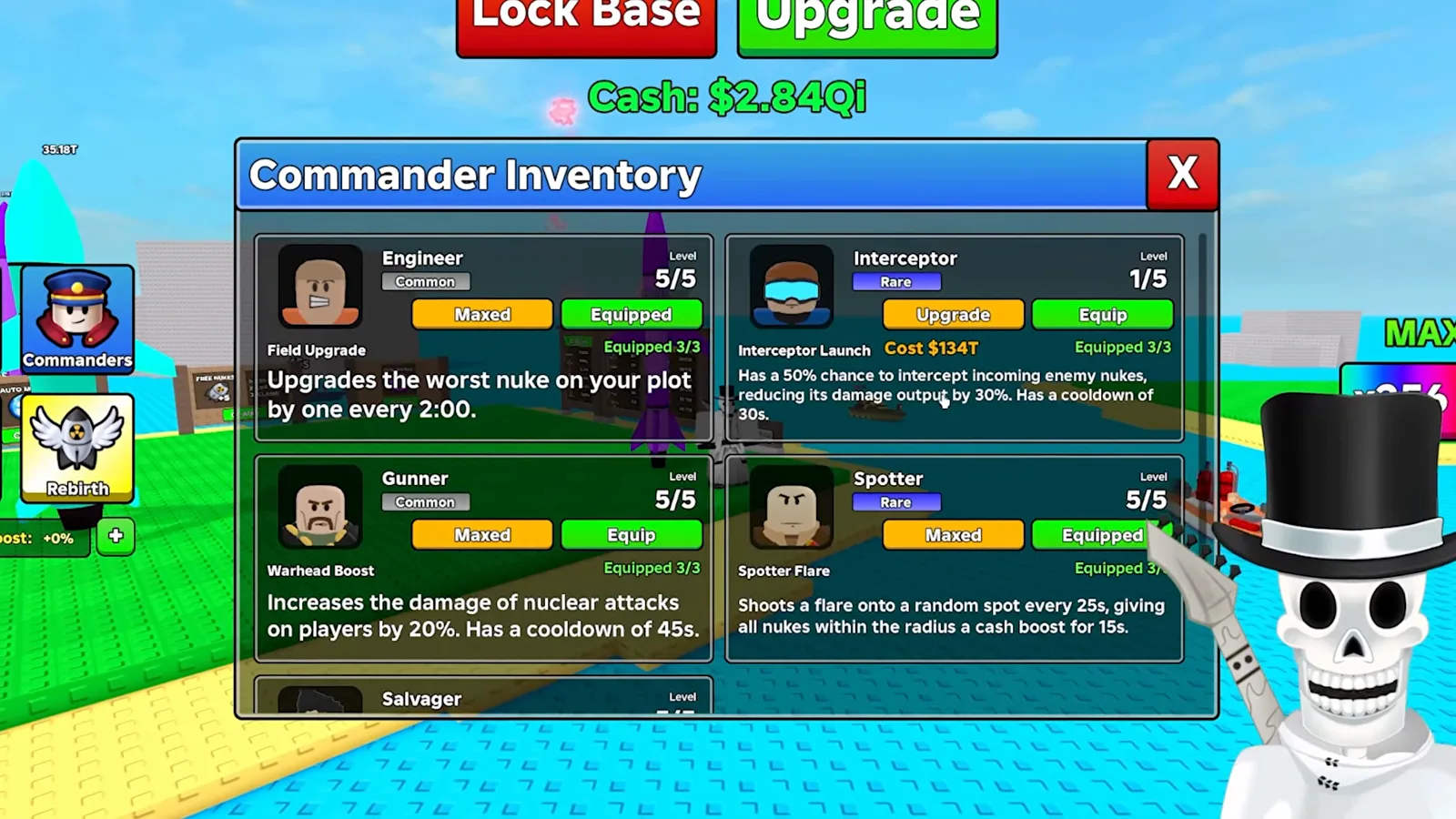 The Merge a Nuke Commander Inventory showing Gunner, Interceptor, and Spotter cards with readable Warhead Boost, Interceptor Launch, and Spotter Flare tooltips. The Merge a Nuke Commander Inventory showing Gunner, Interceptor, and Spotter cards with readable Warhead Boost, Interceptor Launch, and Spotter Flare tooltips.