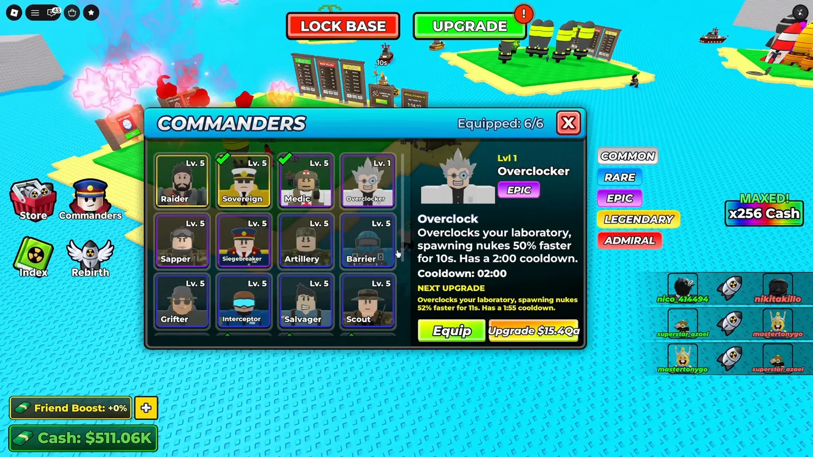 The Merge a Nuke Commanders grid with Interceptor at Level 5 and an Overclocker Epic tooltip open. The Merge a Nuke Commanders grid with Interceptor at Level 5 and an Overclocker Epic tooltip open.