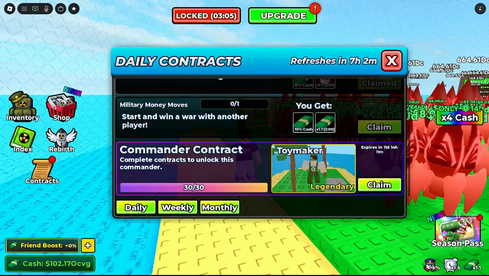 Доска Daily Contracts в Merge a Nuke со шкалой Commander Contract на 30/30, зелёной кнопкой Claim и карточкой награды с Legendary-командиром.