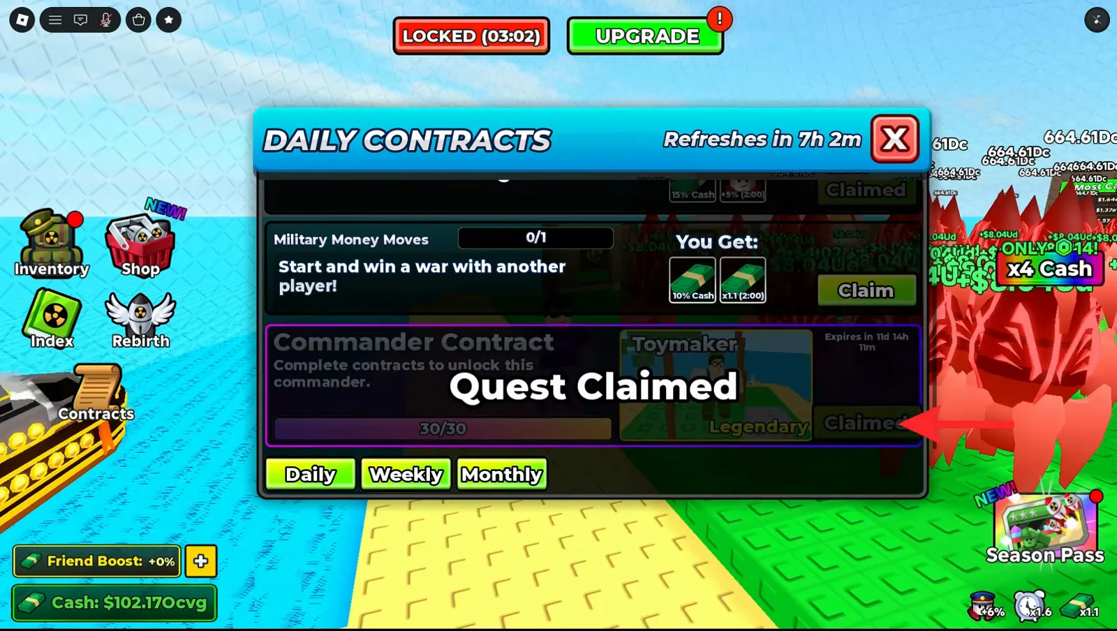 Баннер Quest Claimed на доске Daily Contracts в Merge a Nuke после получения награды Commander Contract.