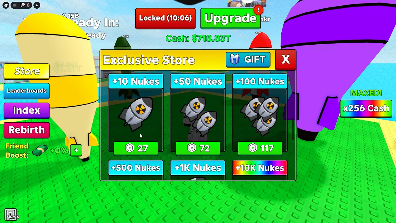 Нажатие на набор ядер в Exclusive Store в Merge a Nuke открывает окно Buy Item, где показан баланс Robux аккаунта и строка экономии Plus для этой покупки.