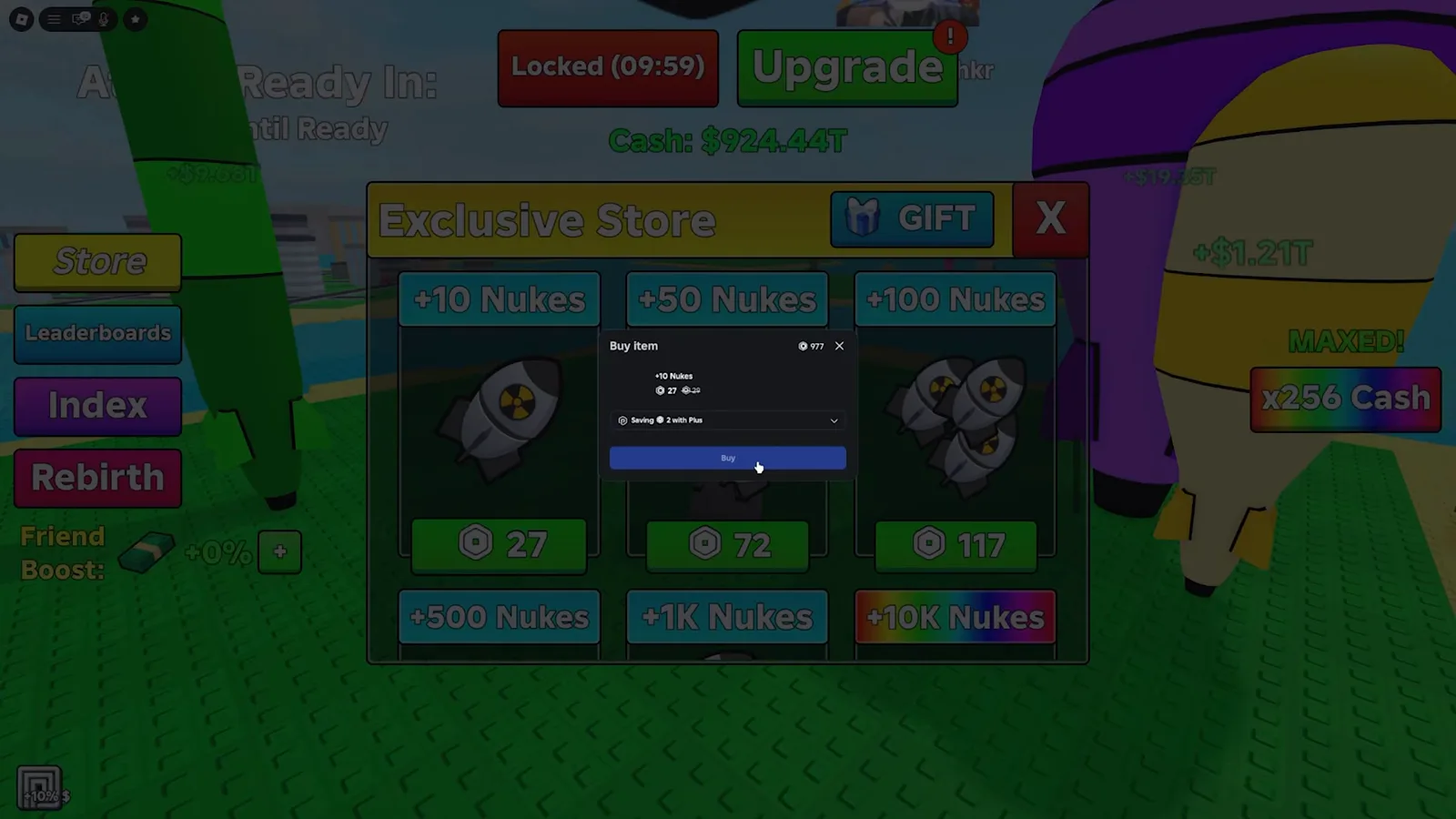 Если прокрутить Exclusive Store в Merge a Nuke до раздела INSTANT NUKES, появляются шесть плиток наборов: +10, +50 и +100 Nukes в первой строке, а под ними +500, +1K и уровень +10K с радужной рамкой.