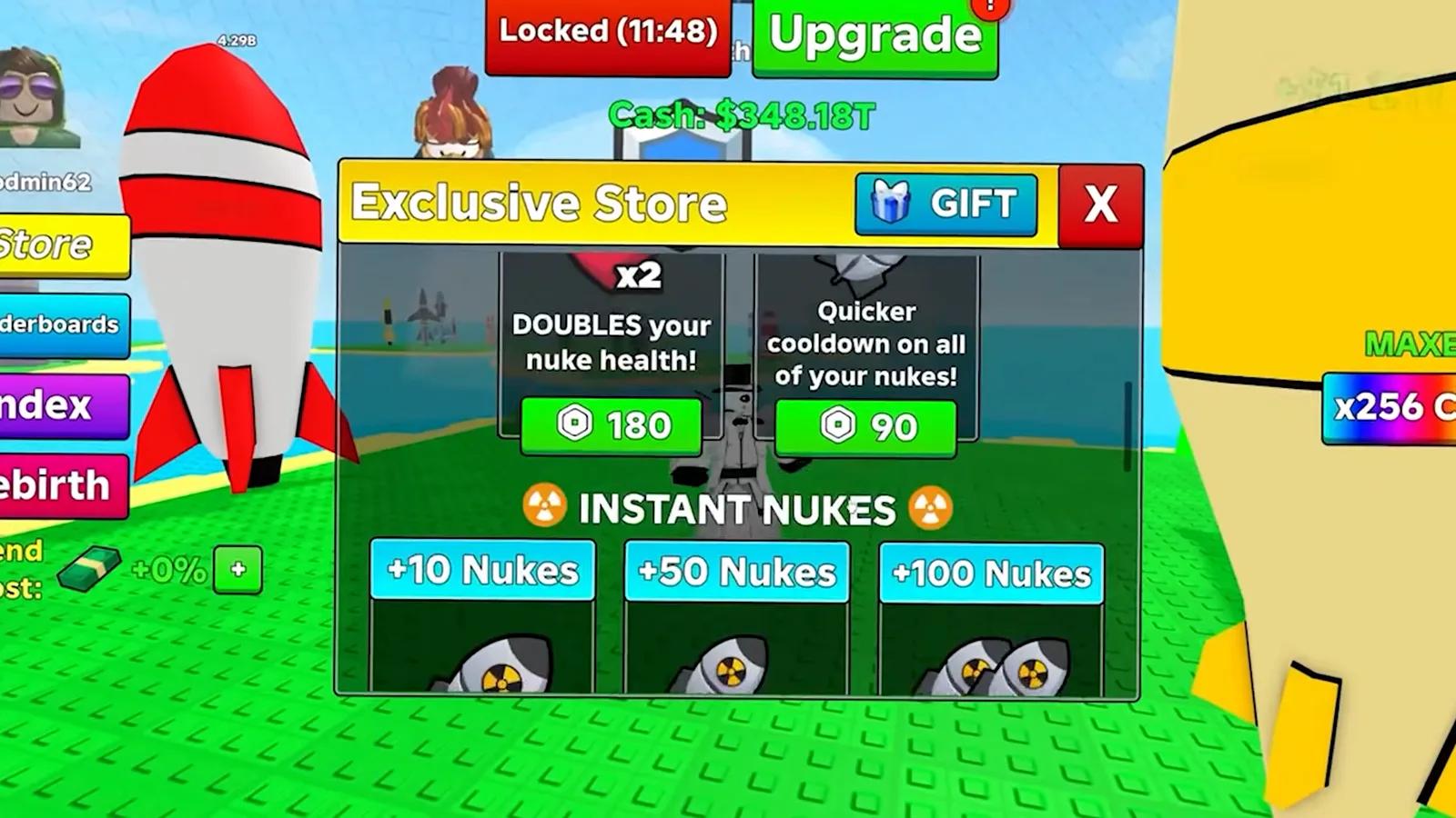 Более поздняя версия магазина Merge a Nuke показывает плитку x2 Nuke Health с текстом DOUBLES your nuke health и плитку Quicker с текстом Quicker cooldown on all of your nukes над заголовком INSTANT NUKES.