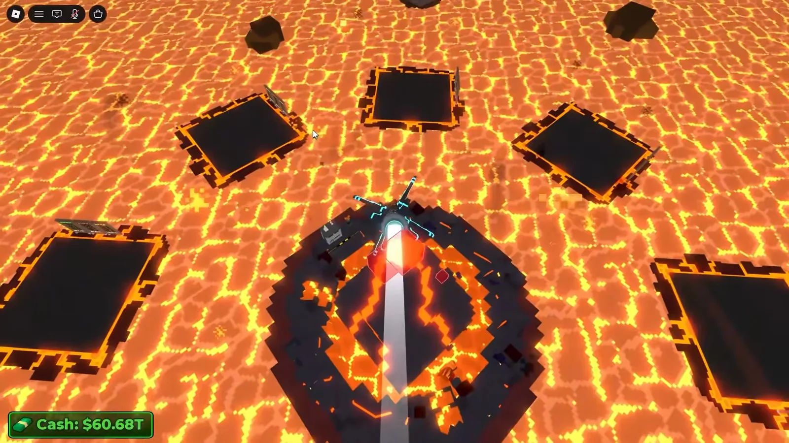Merge a Nuke launch targeting view centered on the volcano boss crater with a nuke trail incoming and the red Cancel button visible.
