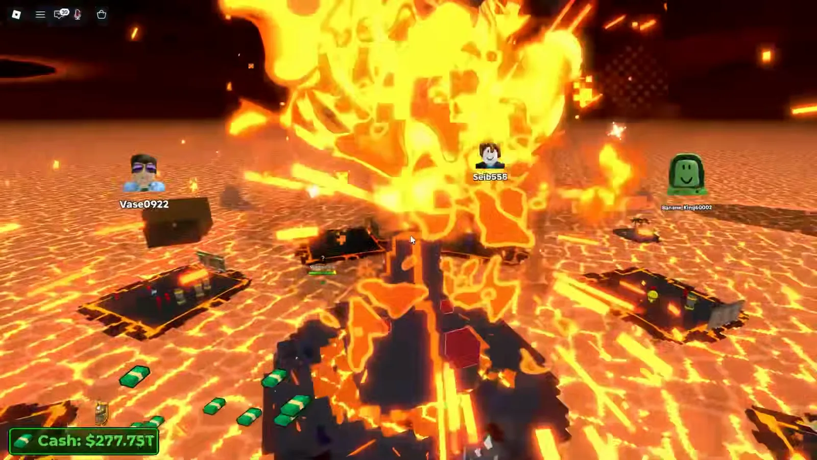 A huge explosion engulfing the Merge a Nuke volcano boss with its red weak-point marker visible at the crater base.