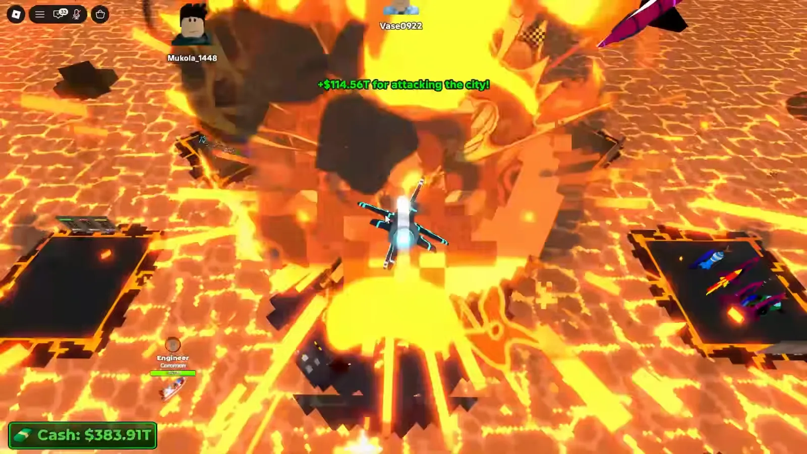 Merge a Nuke chat showing +$114.56T for attacking the city during the Volcano event on the lava map.