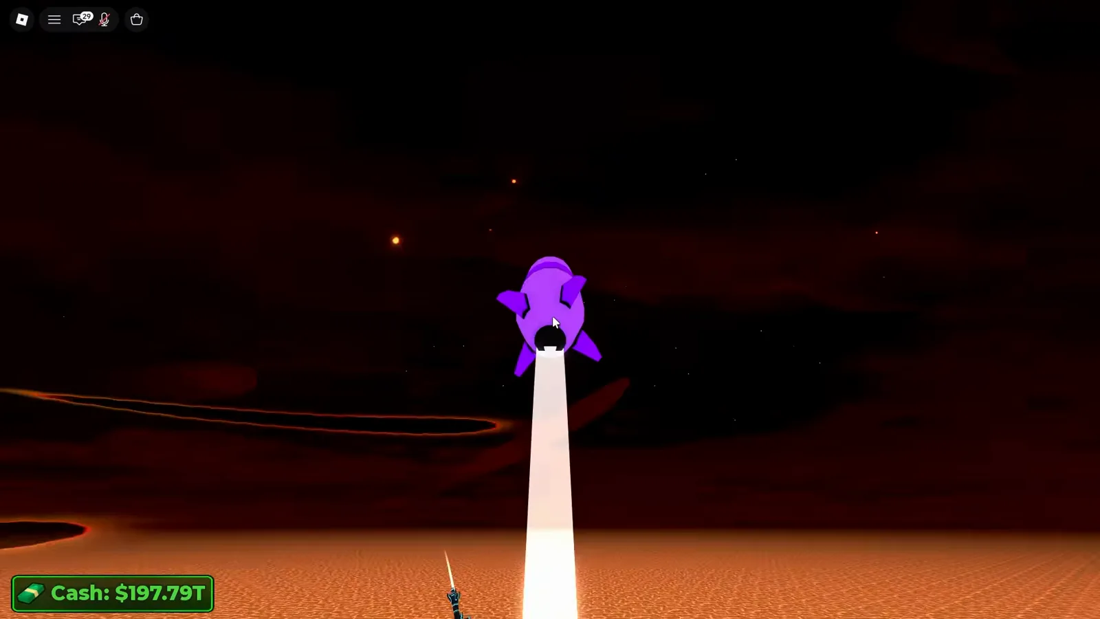 A purple Merge a Nuke nuke arcing across a dark red sky toward the lava map during the Volcano boss event.