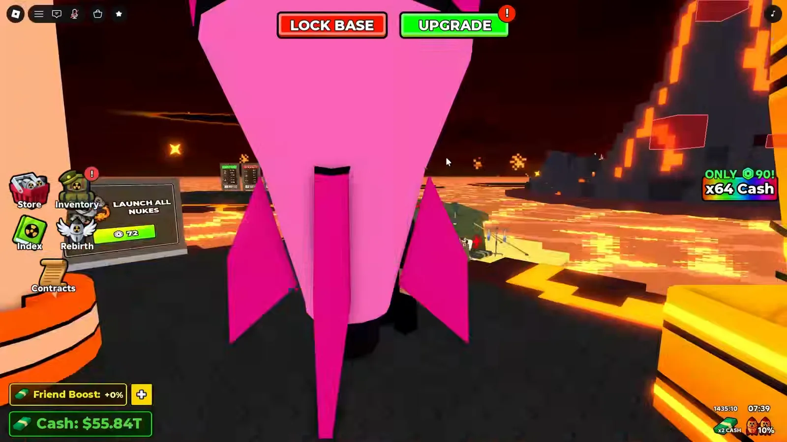 A pink Merge a Nuke nuke waiting on a dark magma-plot launch pad surrounded by lava after the Volcano event starts.