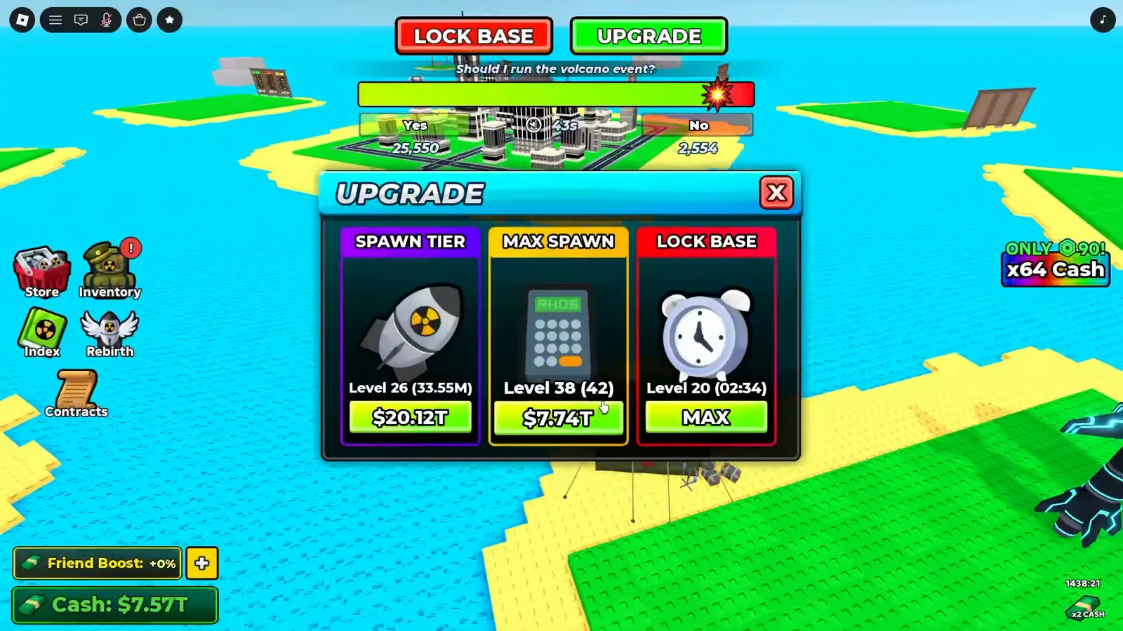 Merge a Nuke UPGRADE menu showing Spawn Tier Level 26, Max Spawn Level 38 (42) and Lock Base MAX while the server poll asks Should I run the volcano event.