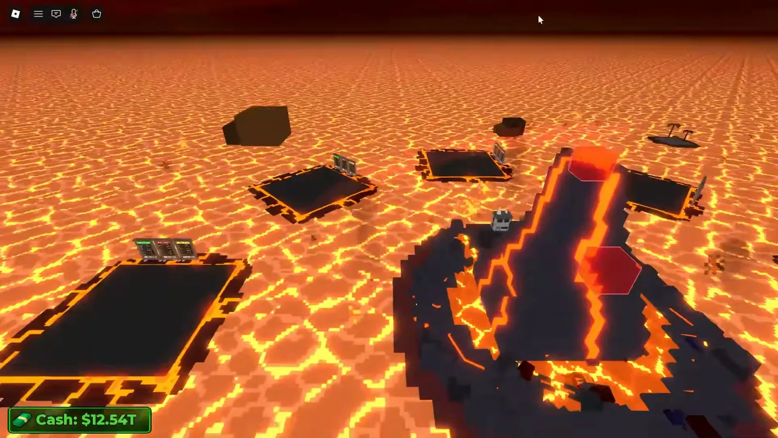 The Merge a Nuke volcano boss erupting lava over the surrounding magma plots while players keep attacking during the event.