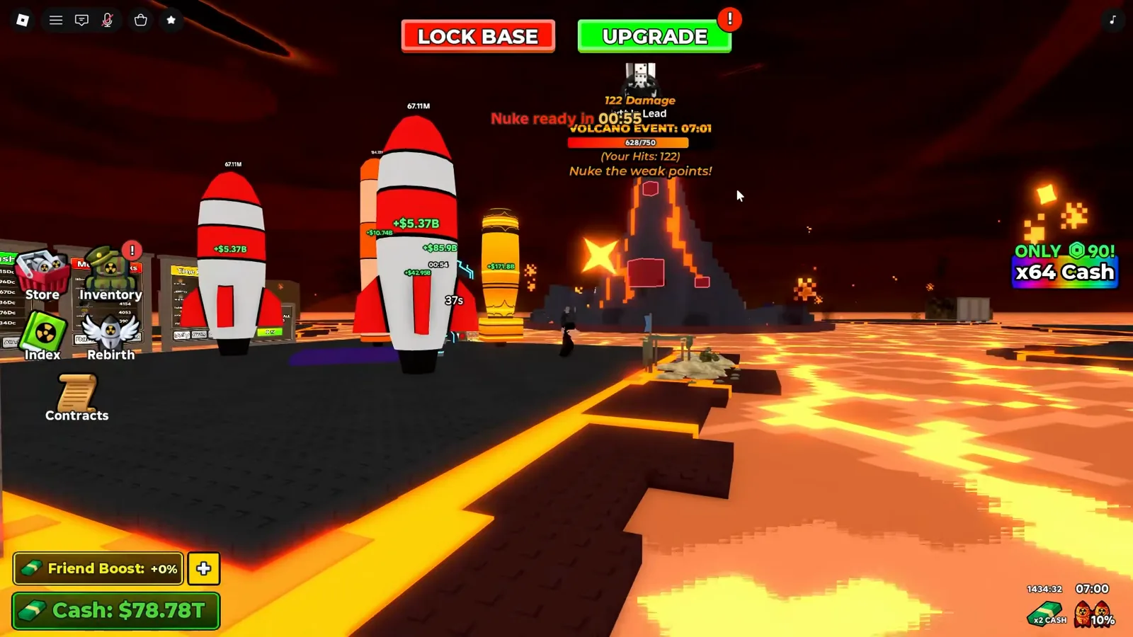 Merge a Nuke HUD during the Volcano event showing the Nuke the weak points! instruction, a VOLCANO EVENT 07:01 timer and a 122 Damage hit over the lava map.