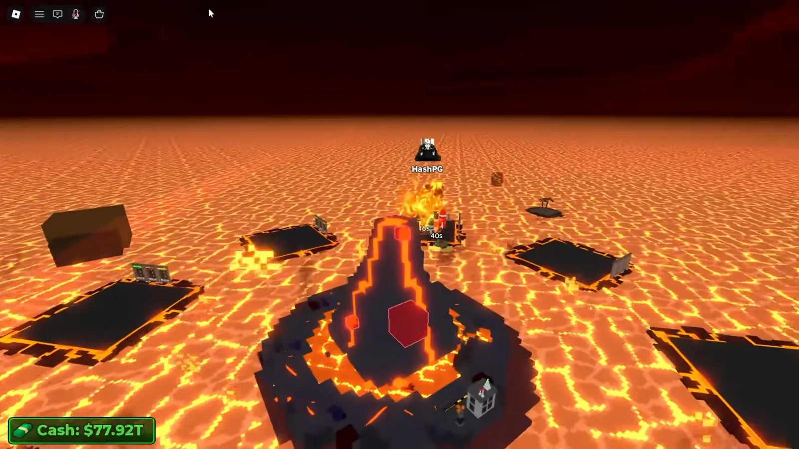 The Merge a Nuke volcano boss on the lava map with a red weak-point marker glowing on its crater slope.