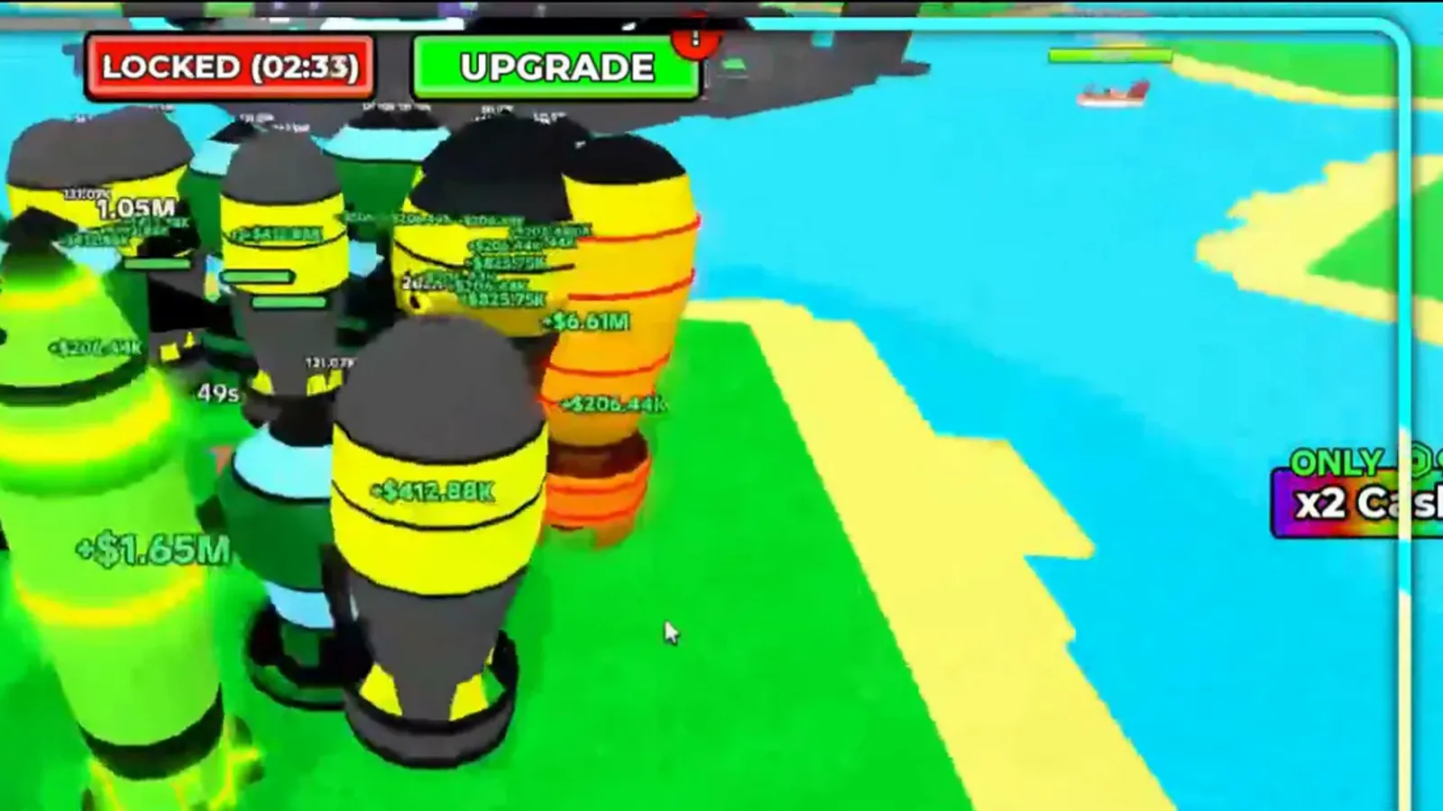 Merge a Nuke base under a LOCKED 02:33 shield timer with yellow and orange nukes on the pads still ticking +$1.65M and +$6.61M cash popups. Merge a Nuke base under a LOCKED 02:33 shield timer with yellow and orange nukes on the pads still ticking +$1.65M and +$6.61M cash popups.