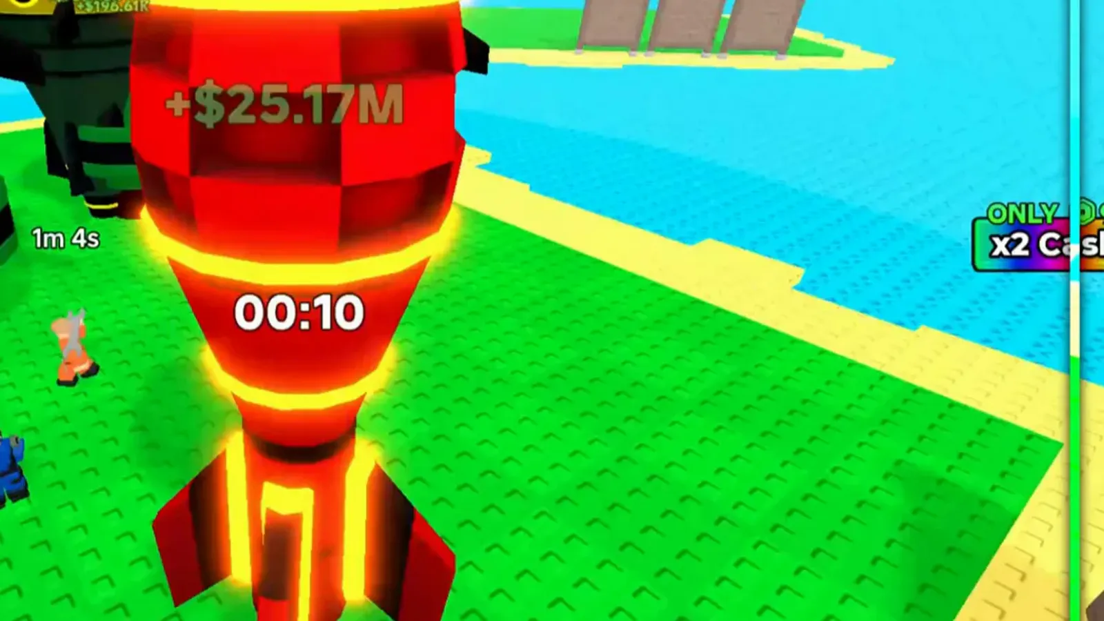 Merge a Nuke red nuke standing on its launch pad during a 00:10 countdown with a +$25.17M cash popup glowing on the fuselage. Merge a Nuke red nuke standing on its launch pad during a 00:10 countdown with a +$25.17M cash popup glowing on the fuselage.