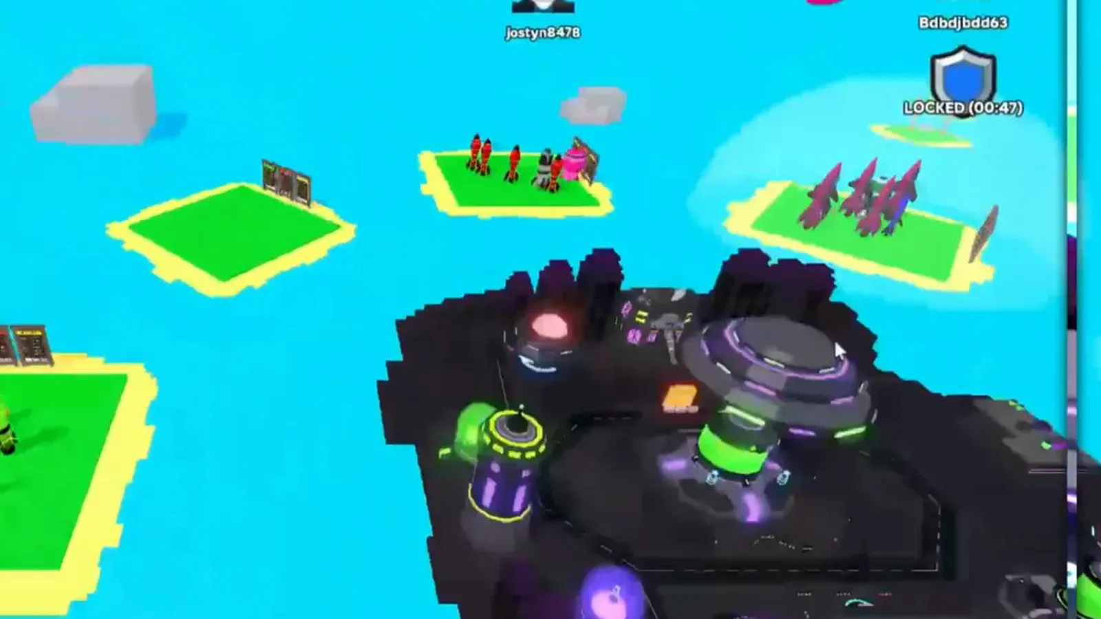 Merge a Nuke server overview with a dark UFO-shaped enemy base in the foreground and small player islands nearby, one protected by a blue LOCKED shield with 47 seconds left. Merge a Nuke server overview with a dark UFO-shaped enemy base in the foreground and small player islands nearby, one protected by a blue LOCKED shield with 47 seconds left.