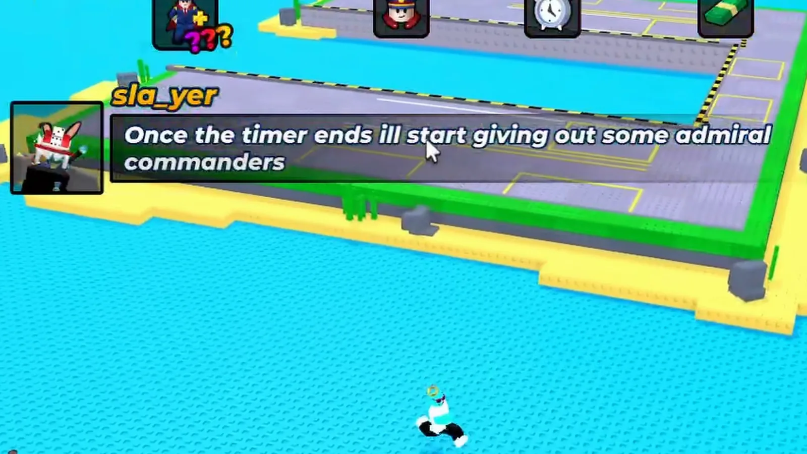 Merge a Nuke in-game chat bubble from player sla_yer announcing that admiral commanders will spawn once the admin abuse timer ends.