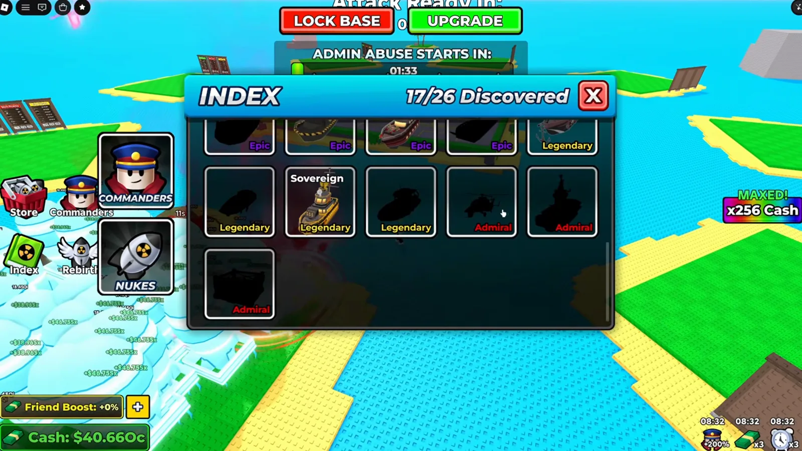 Merge a Nuke Index panel at 17 of 26 Discovered showing undiscovered commander silhouettes labelled Legendary and two red Admiral cells in a partially scrolled grid