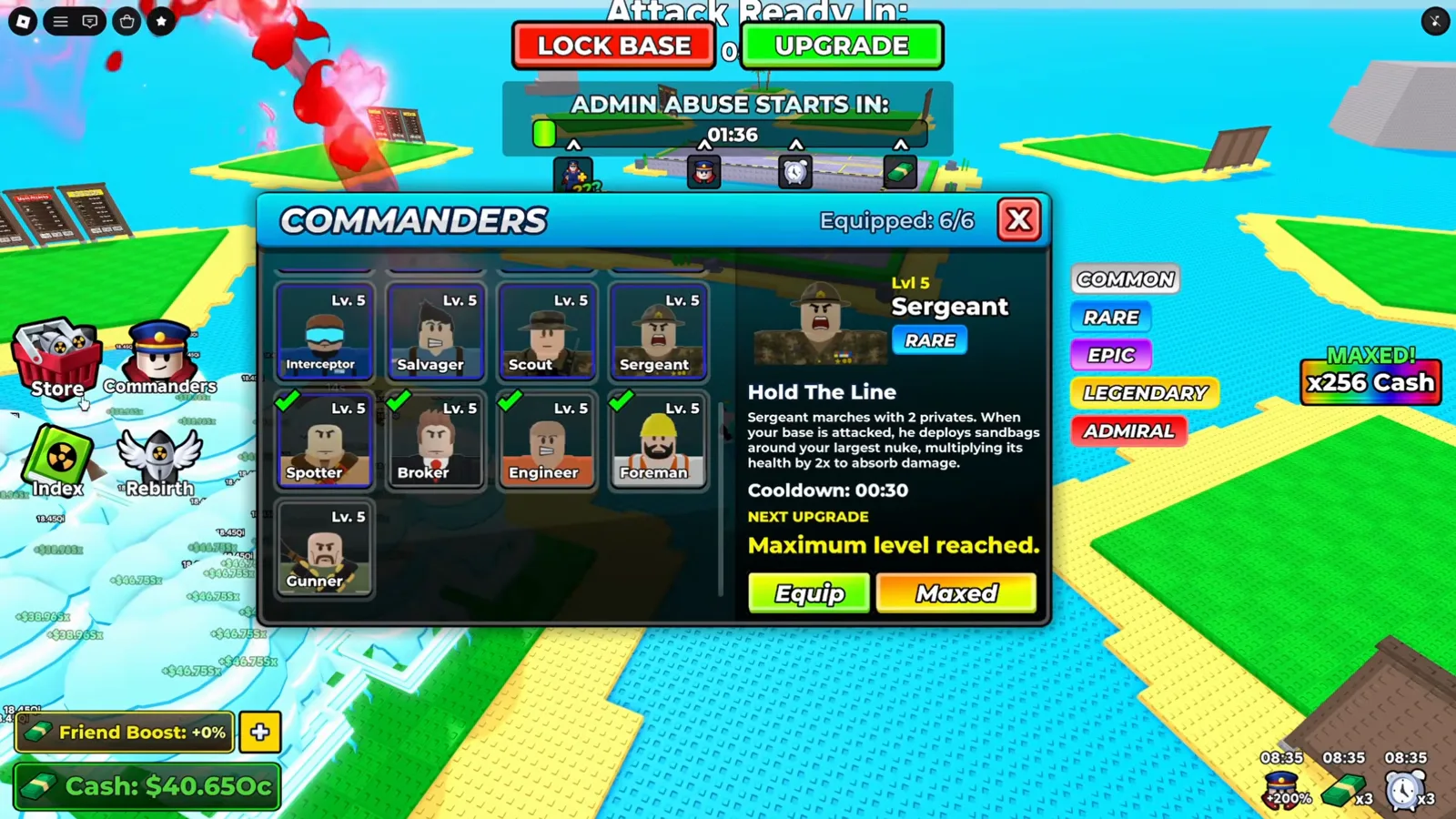 Merge a Nuke COMMANDERS panel with Equipped 6/6 slots, the Lv 5 Sergeant Rare card Hold The Line, and the rarity ladder ending at the red ADMIRAL chip.