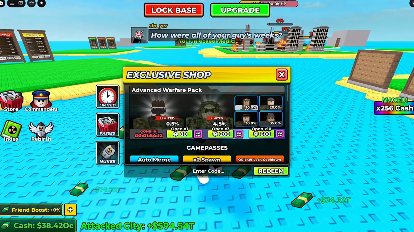 Merge a Nuke Exclusive Shop panel for the Advanced Warfare Pack listing six Commander roll odds from 0.5% up to 35% above the Open x1, Open x3 and Open x10 buttons