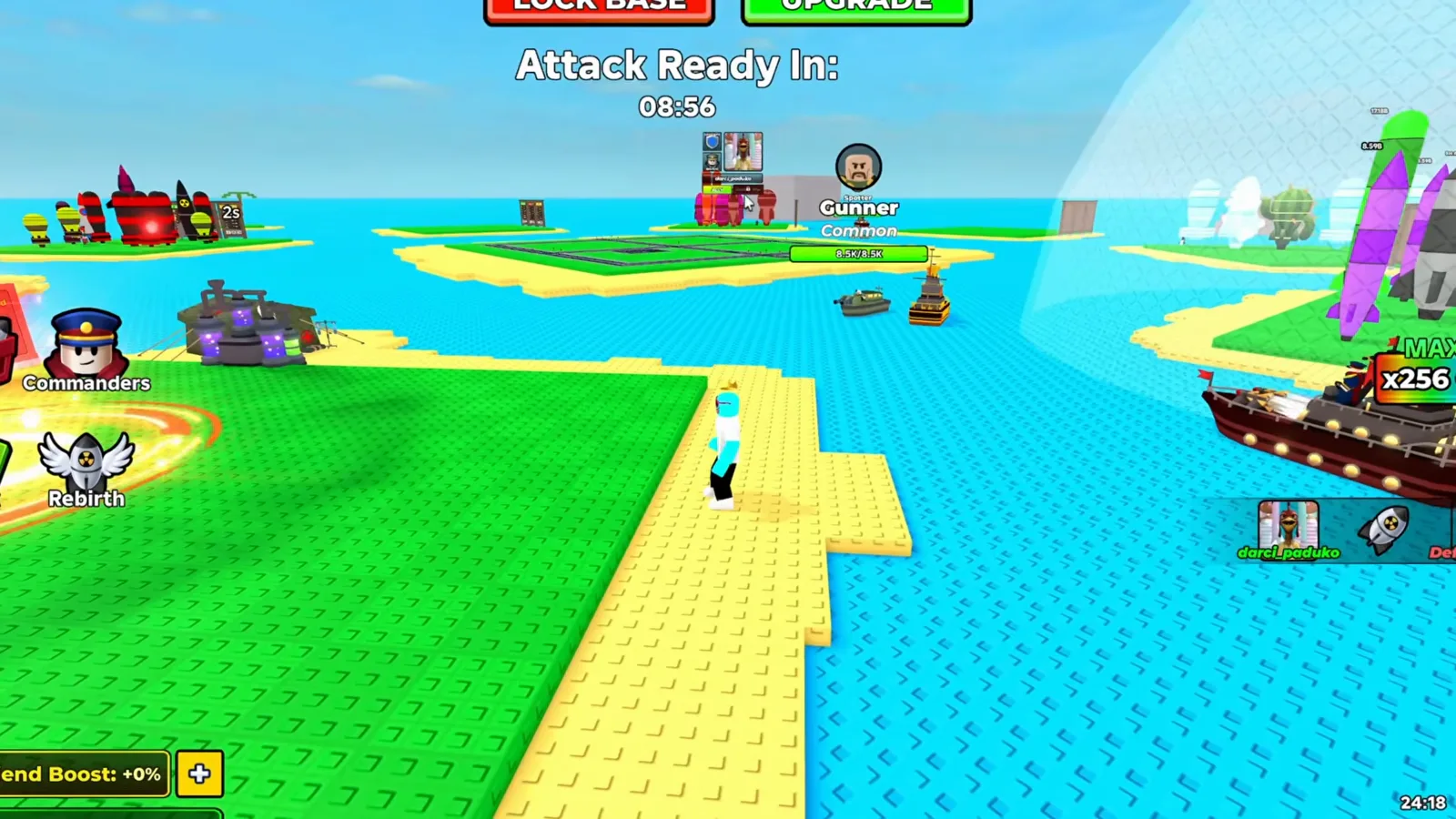 Merge a Nuke Gunner Commander standing on a distant island with a full 8.5K of 8.5K health bar under its nameplate while the player lines up an attack across the water
