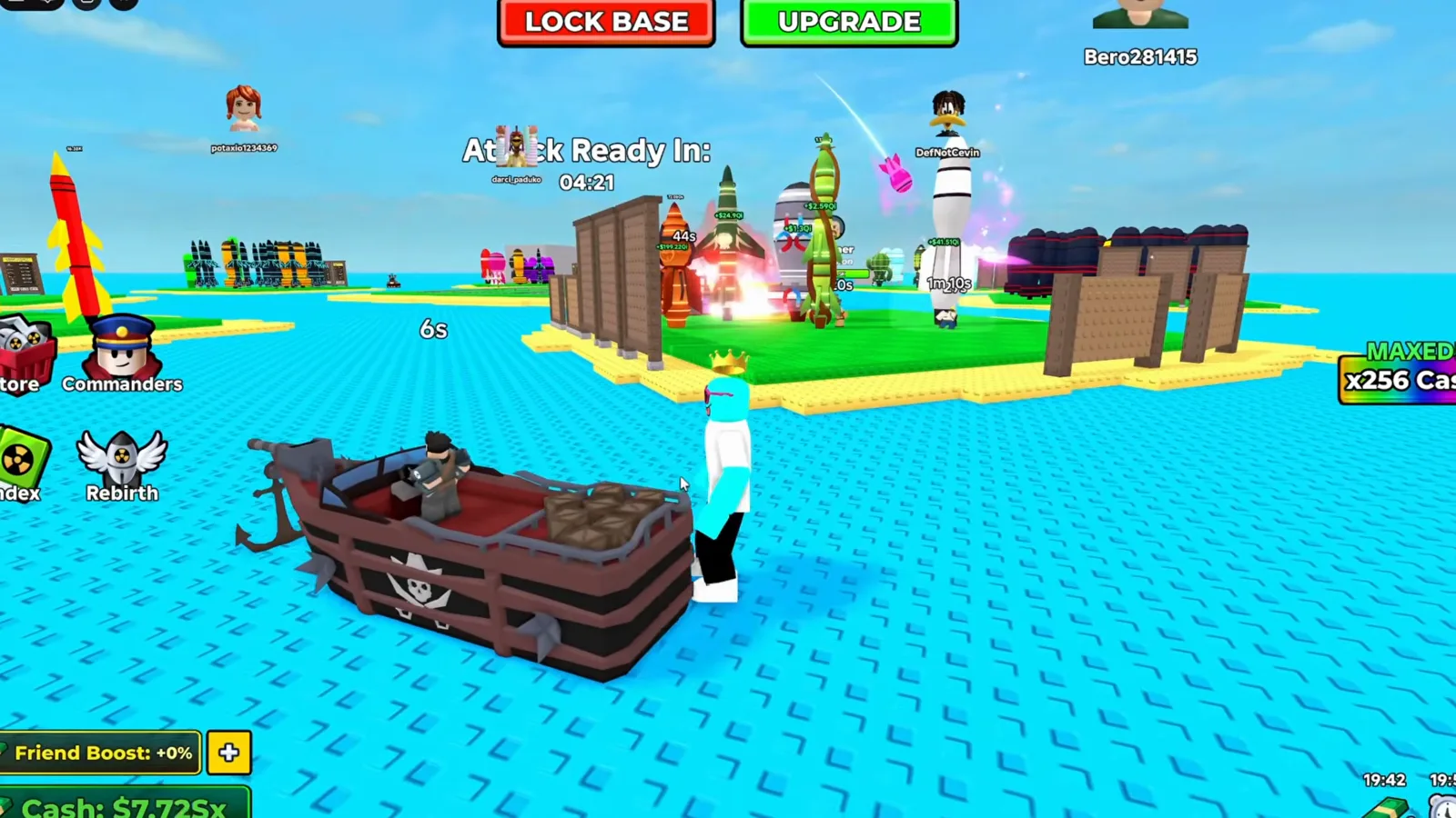 Merge a Nuke island seen from the water with the left-edge button column showing Store, Commanders, Index and Rebirth next to a pirate boat and a row of loaded launch pads