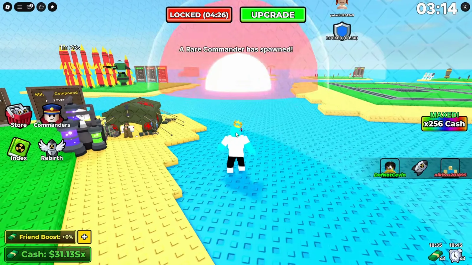 Merge a Nuke A Rare Commander has spawned broadcast text over a glowing pink supply drop dome on the water beside a Military Compound sign and sandbag bunker