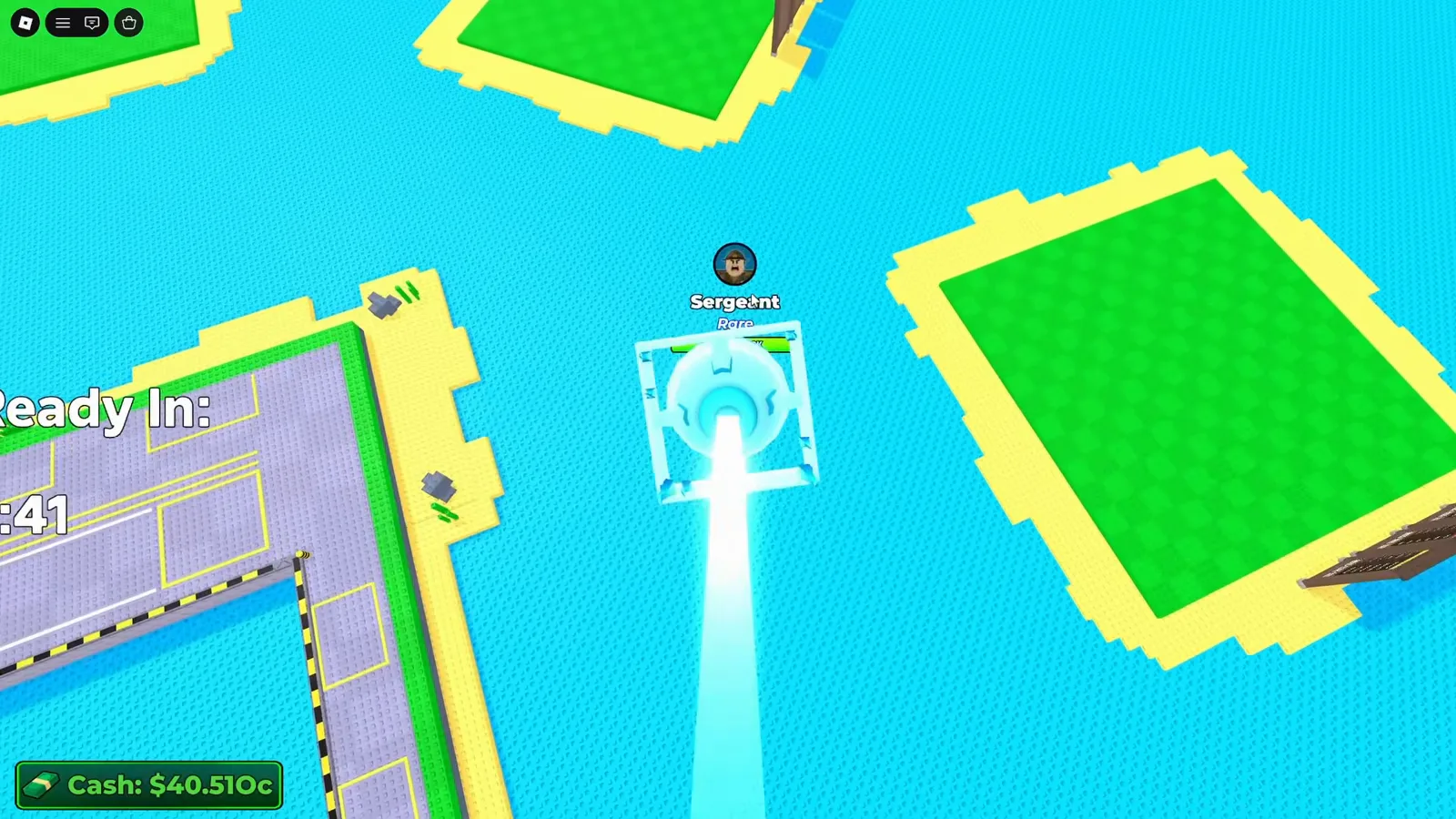Merge a Nuke Sergeant nameplate and green health bar floating above a glowing cyan spawn pod descending onto an empty plot between player islands