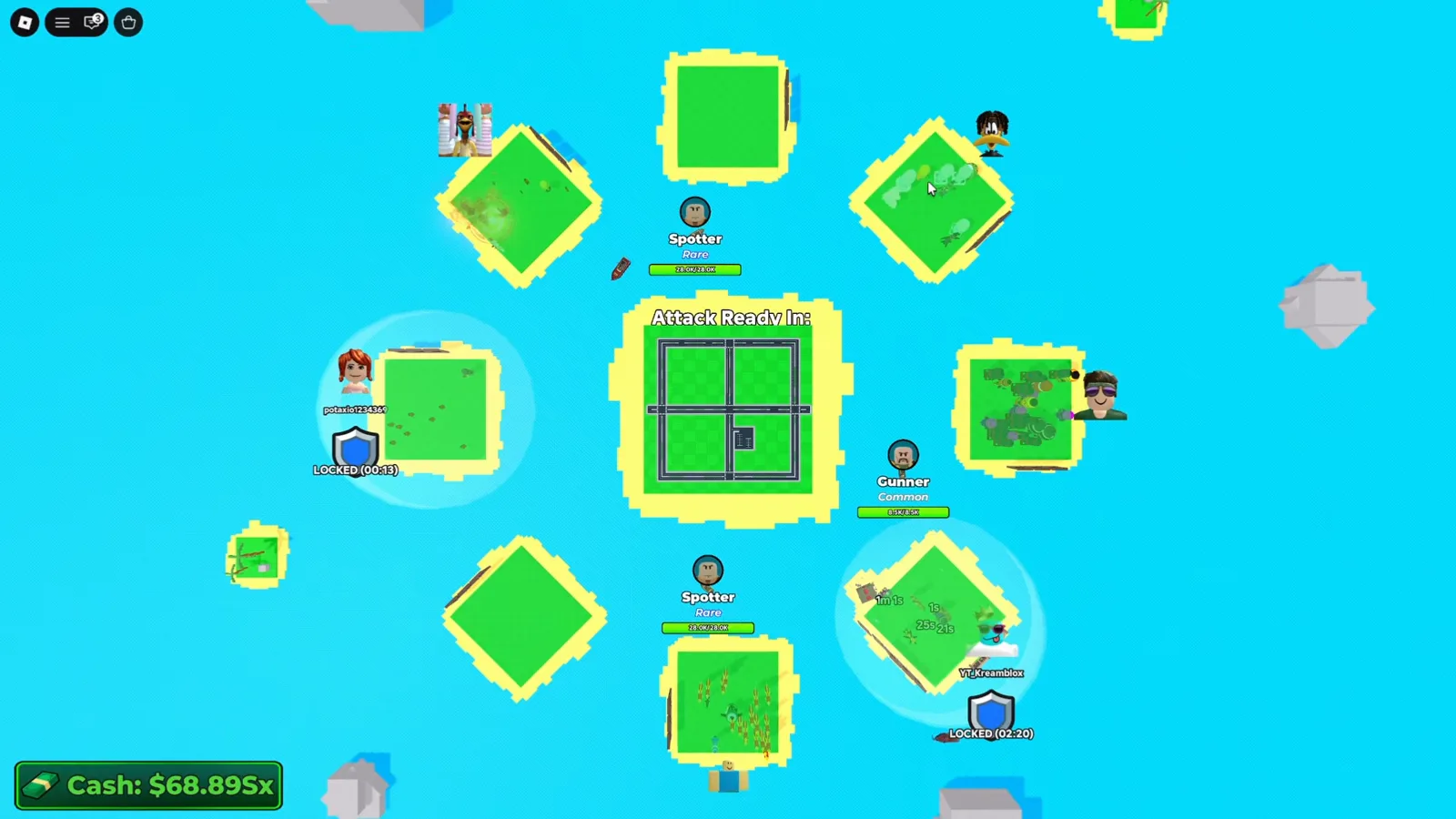 Merge a Nuke server overview seen from above with Spotter and Gunner Commander nameplates and health bars scattered across player plots and locked bases