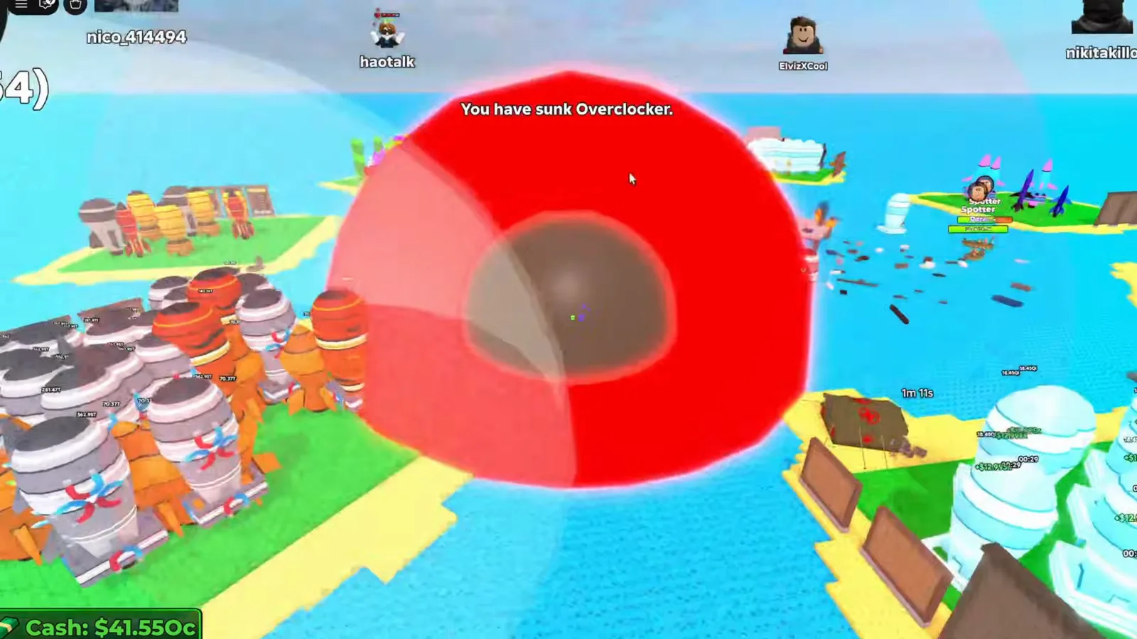 Merge a Nuke You have sunk Overclocker confirmation message centred over a red wreck ring on the water between two player islands