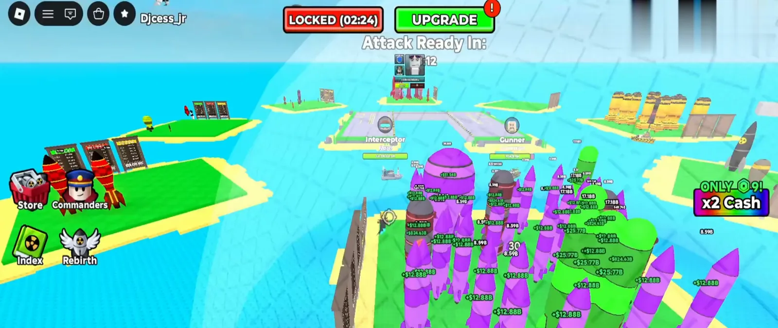 Merge a Nuke island base overview with missile towers, the LOCKED shield timer and green UPGRADE button in the top bar. Merge a Nuke island base overview with missile towers, the LOCKED shield timer and green UPGRADE button in the top bar.