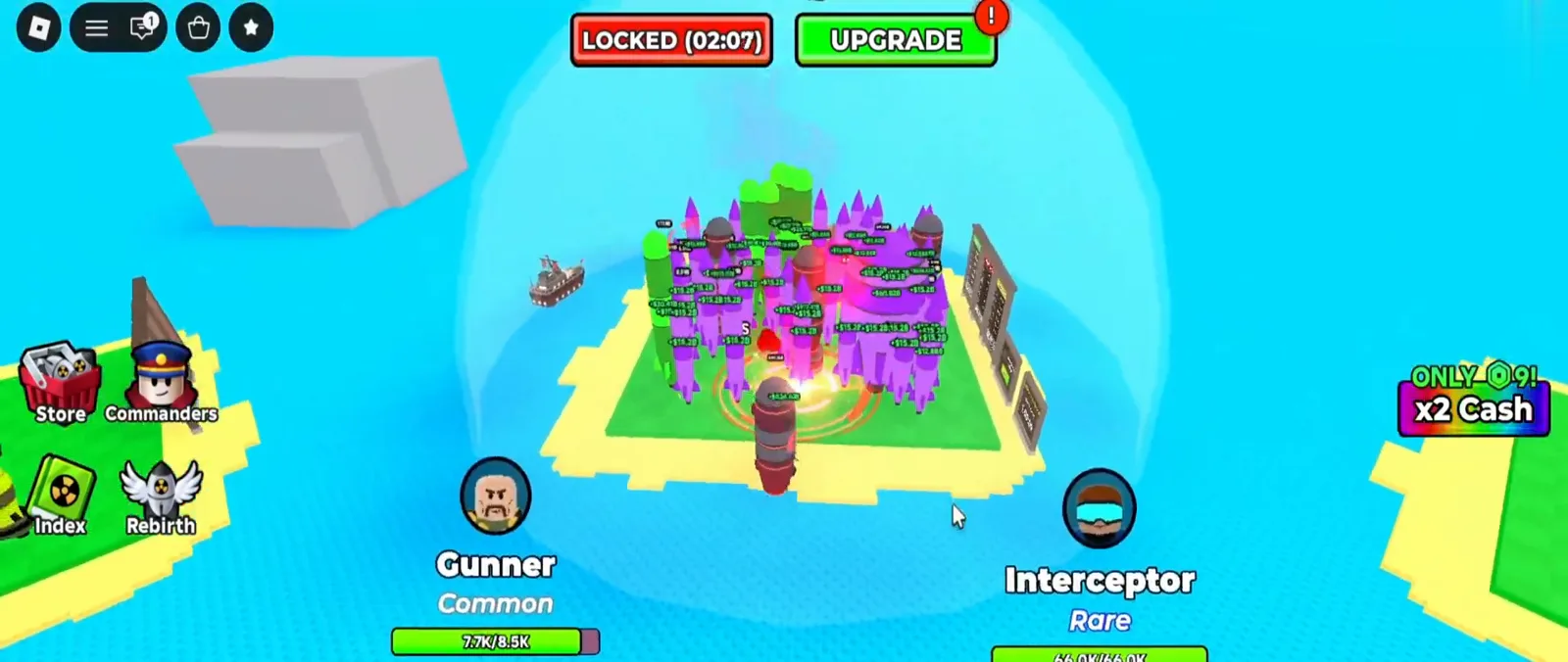 Player avatar inside a Merge a Nuke shield bubble holding a nuke so hits from other players cannot destroy it, with Gunner and Interceptor commander cards on screen. Player avatar inside a Merge a Nuke shield bubble holding a nuke so hits from other players cannot destroy it, with Gunner and Interceptor commander cards on screen.