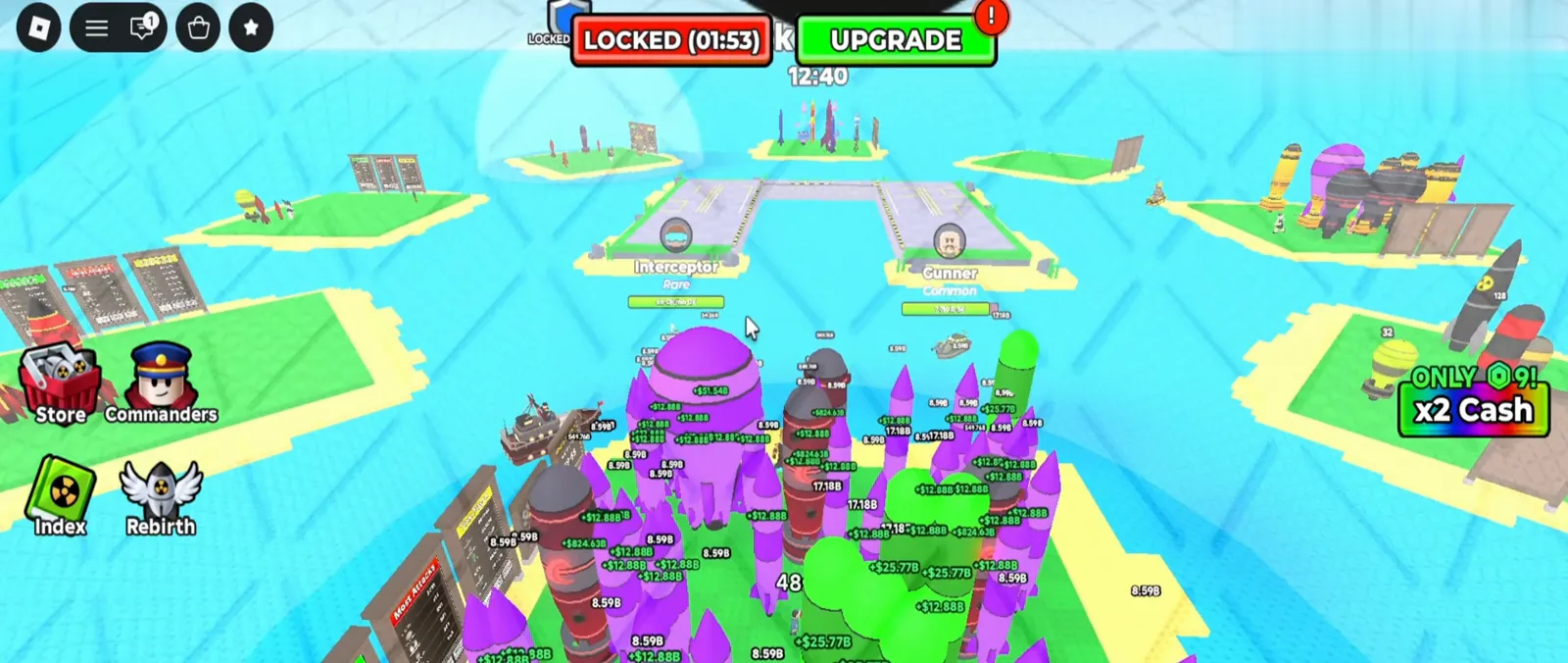 Rows of small low-level missile nukes lined up on launch pads across a Merge a Nuke island for the mass-upgrade trick. Rows of small low-level missile nukes lined up on launch pads across a Merge a Nuke island for the mass-upgrade trick.
