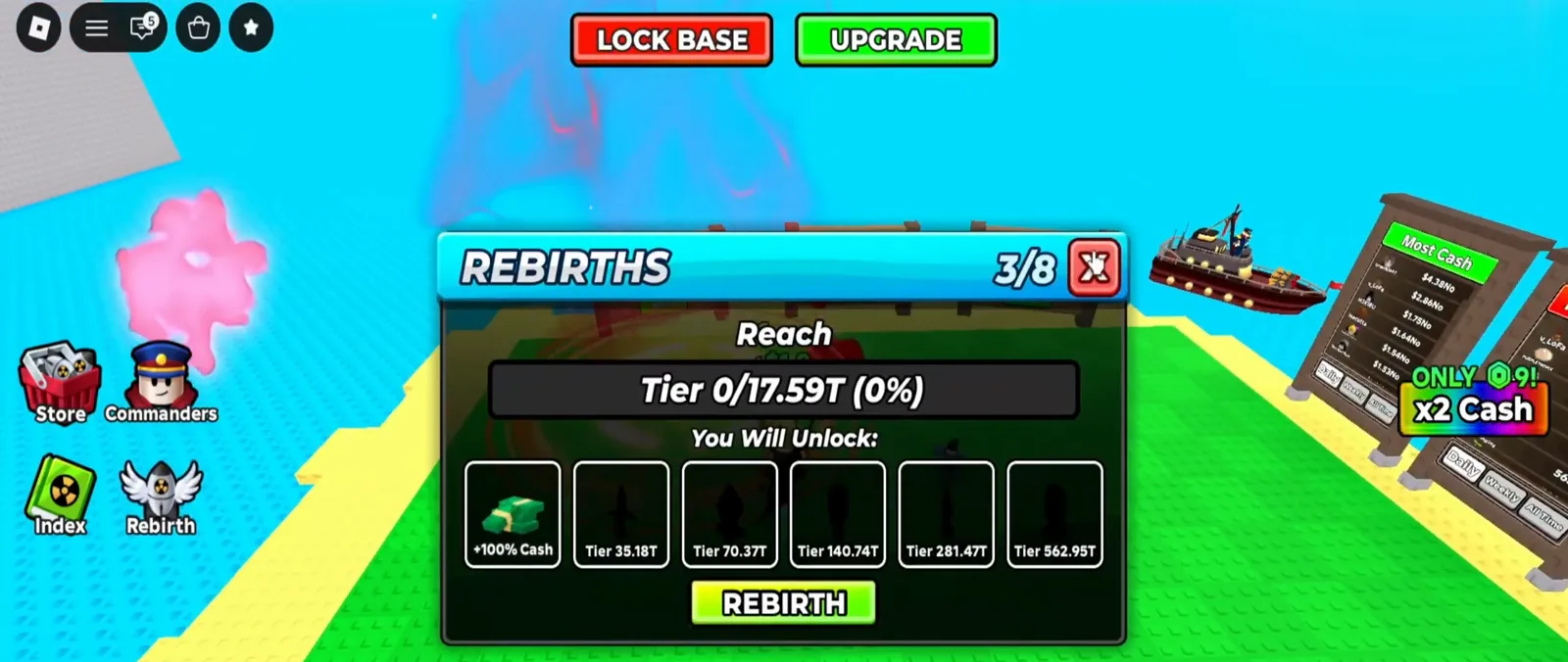 Merge a Nuke rebirth rewards panel previewing a +400% cash unlock and tier targets over an island in pink smoke. Merge a Nuke rebirth rewards panel previewing a +400% cash unlock and tier targets over an island in pink smoke.
