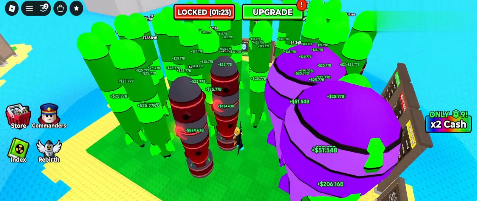 Full-screen Merge a Nuke REBIRTH menu with a green confirm button dimming the island when the highest nuke tier blocks progress. Full-screen Merge a Nuke REBIRTH menu with a green confirm button dimming the island when the highest nuke tier blocks progress.