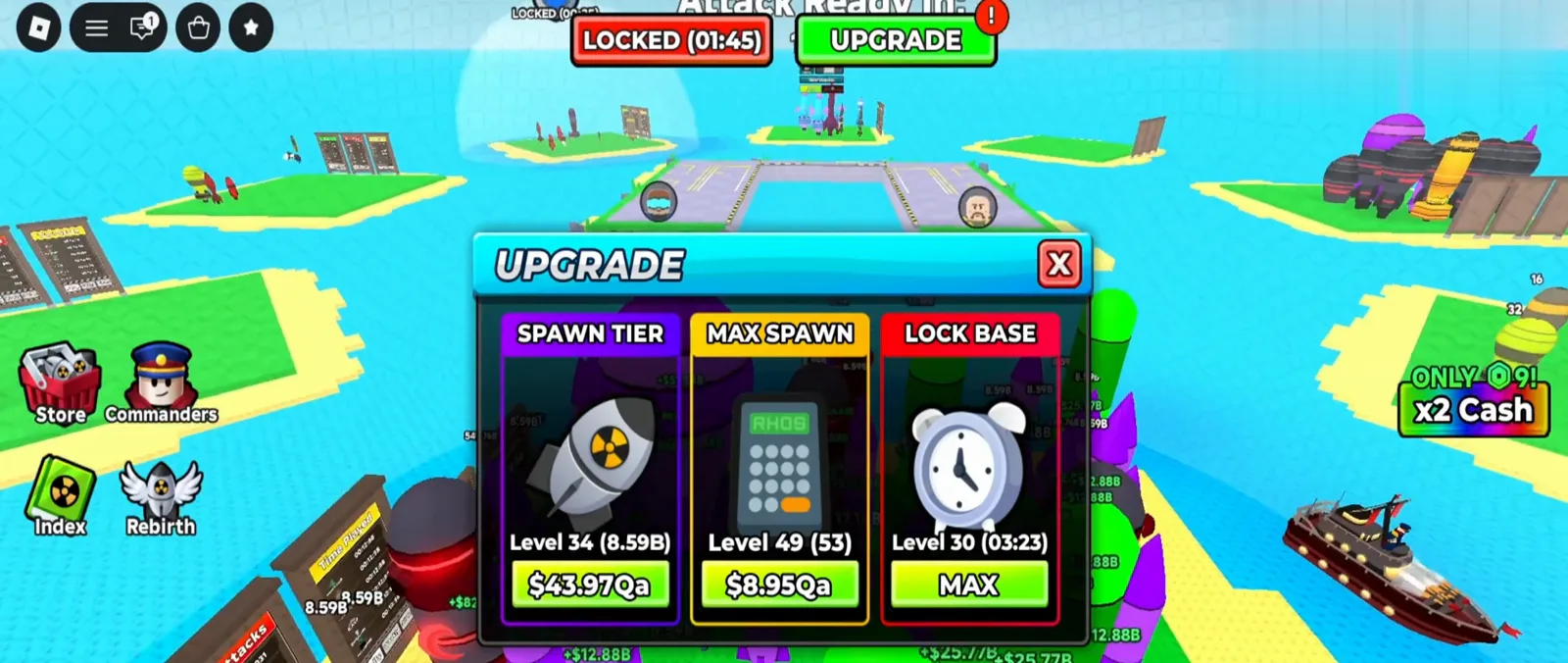 Merge a Nuke UPGRADE menu listing the Spawn Tier, Max Spawn and Lock Base rows with level numbers and prices. Merge a Nuke UPGRADE menu listing the Spawn Tier, Max Spawn and Lock Base rows with level numbers and prices.