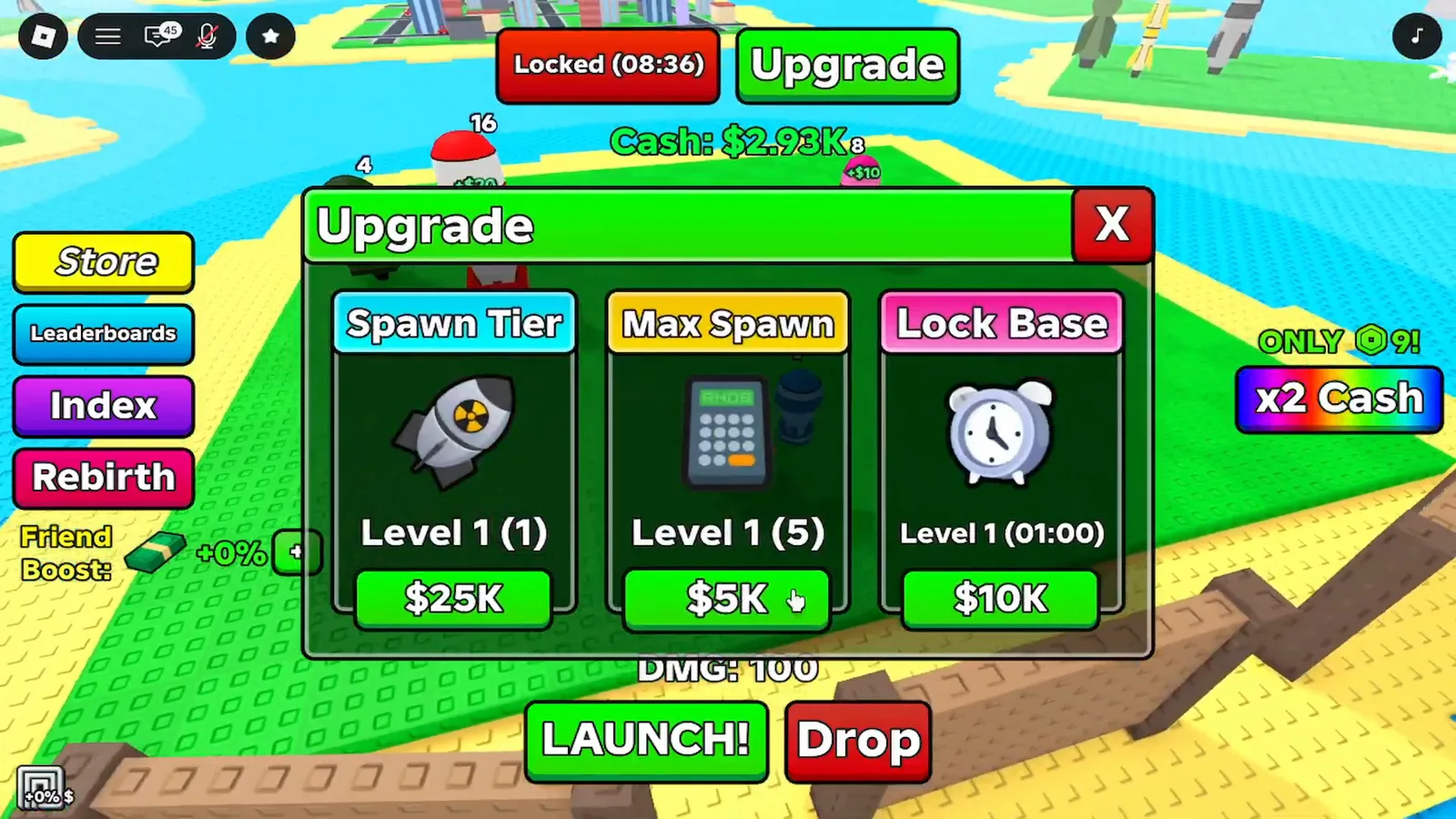 Cursor tapping the Max Spawn $5K buy button inside the Merge a Nuke Upgrade menu to raise simultaneous nukes.