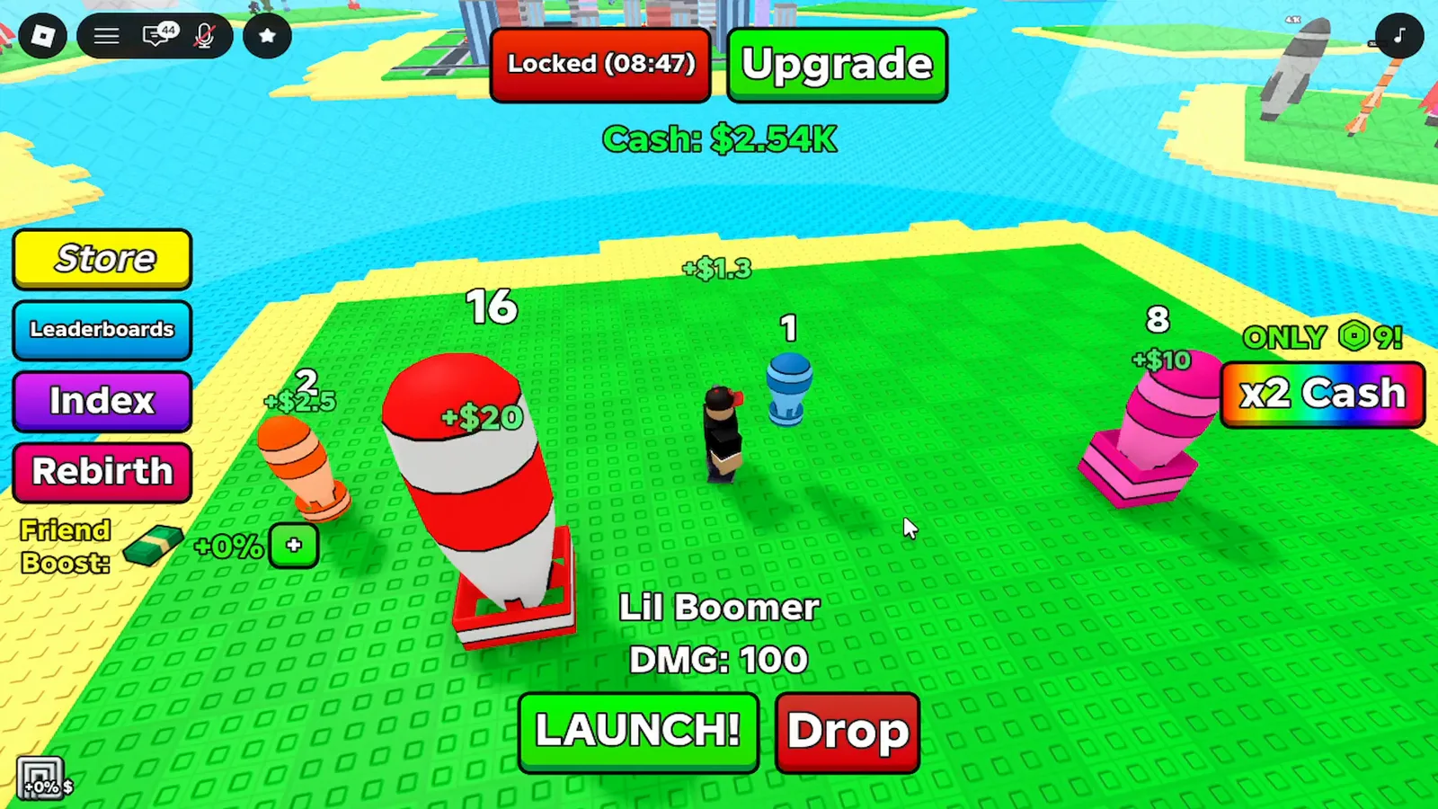 Merge a Nuke base with the rainbow x2 Cash button at bottom-right and a tier-16 nuke showing a +$20 cash popup.