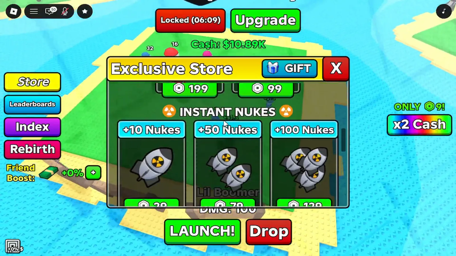 Merge a Nuke Exclusive Store INSTANT NUKES section selling +10, +50 and +100 nuke bundles for Robux.