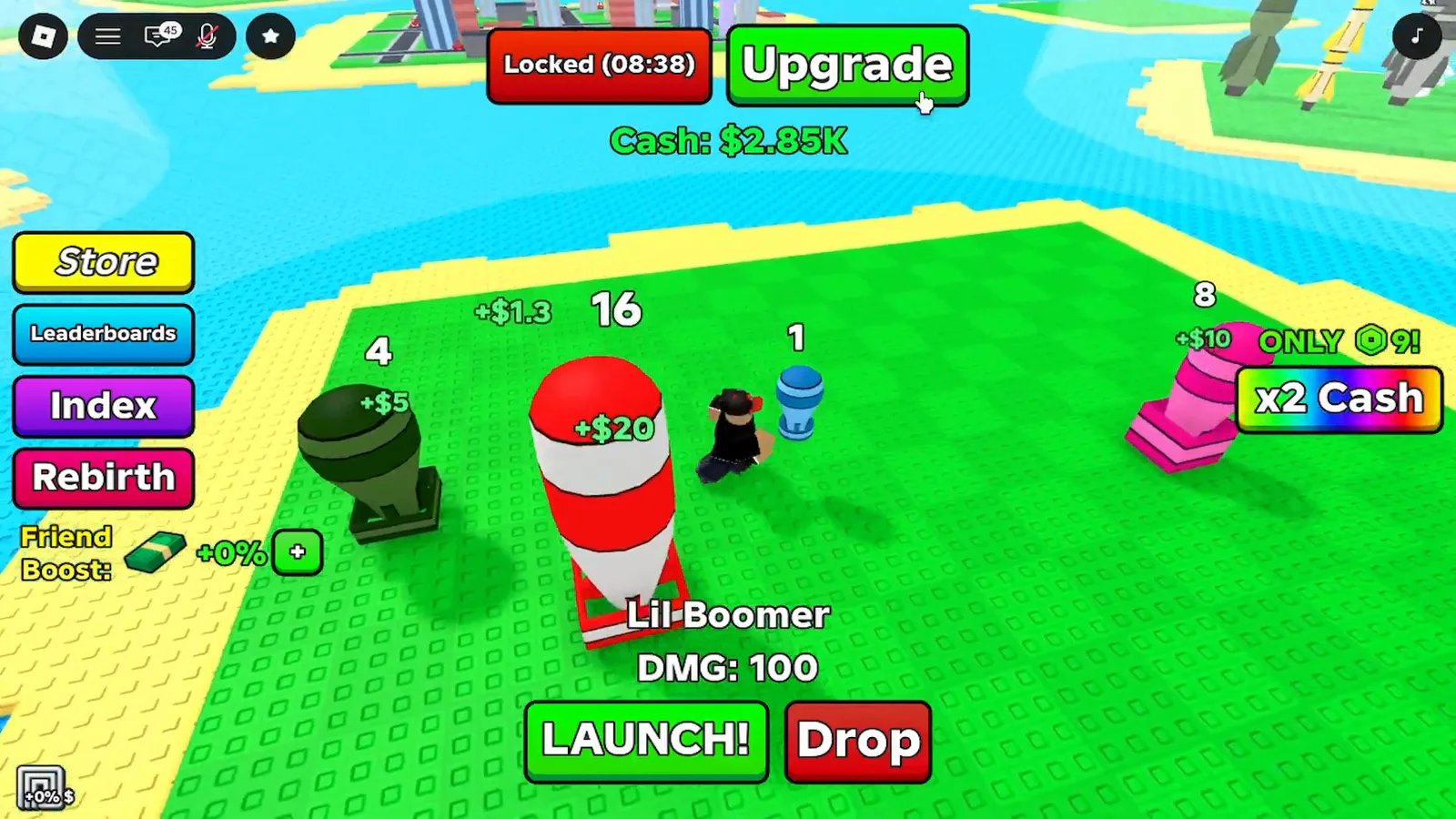 Merge a Nuke launch pads with tier 1, 2, 4, 8 and 16 nukes each showing a larger cash popup as the tier rises.