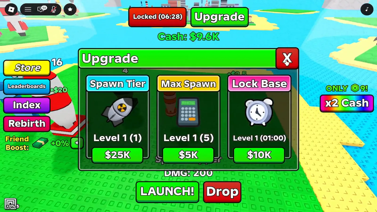Merge a Nuke Upgrade menu at early levels showing Spawn Tier Level 1 (1), Max Spawn Level 1 (5) and Lock Base Level 1 (01:00) with cash prices.