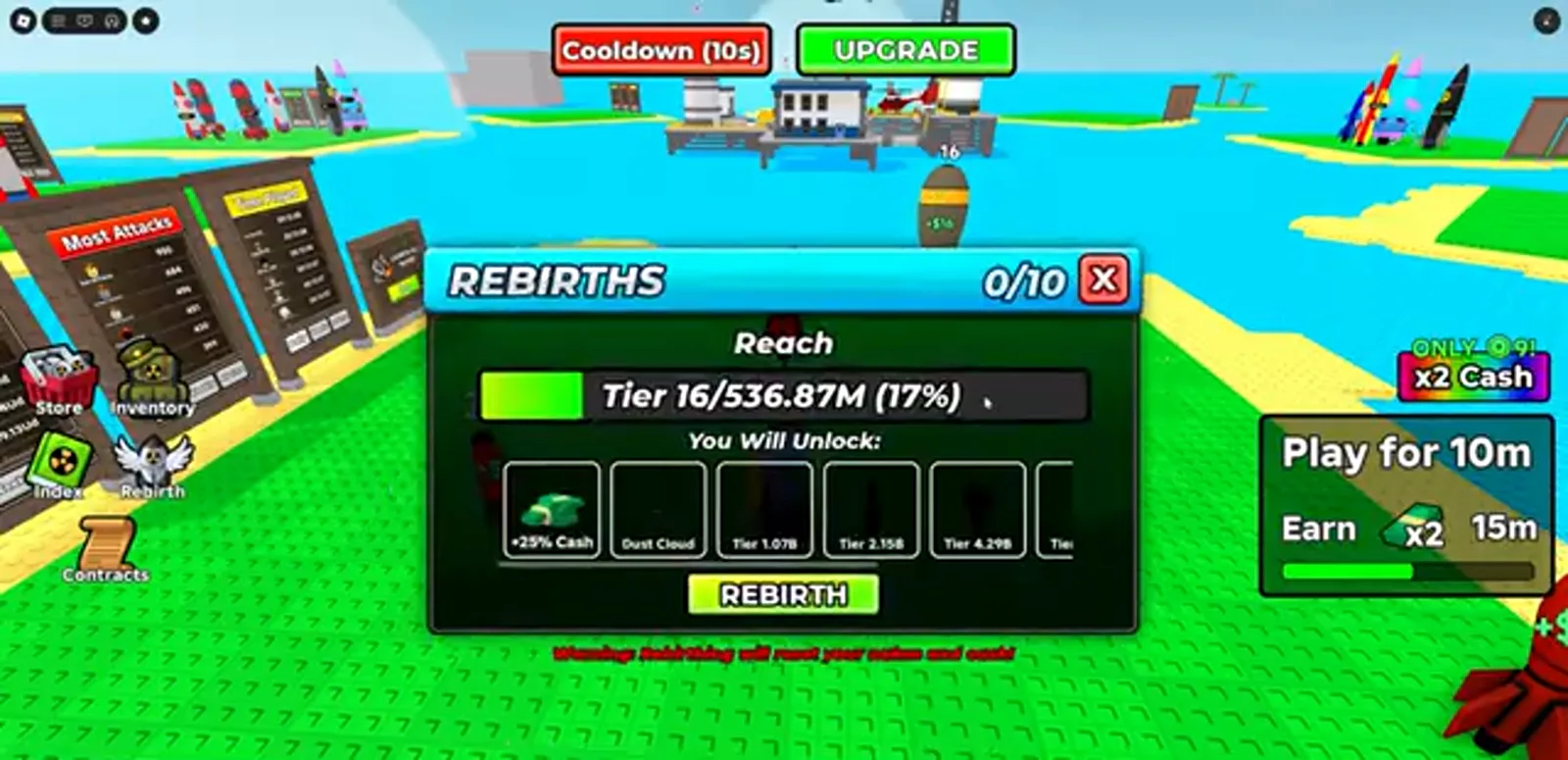 Merge a Nuke REBIRTHS menu showing 0 of 10 rebirths, the Reach Tier 16 progress bar, and the +25% Cash unlock reward list Merge a Nuke REBIRTHS menu showing 0 of 10 rebirths, the Reach Tier 16 progress bar, and the +25% Cash unlock reward list